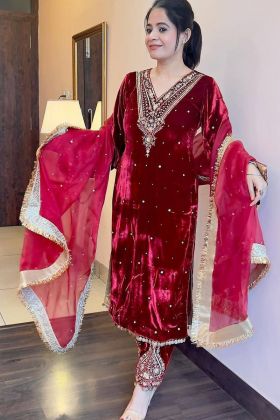 Red Pure Viscose Velvet Embroidery Work Suit