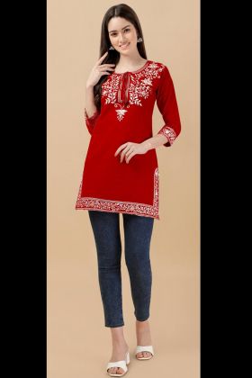 Red Rayon Short Kurti With Fancy Neck