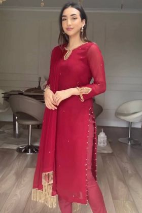 Red Rivet Moti Work Readymade Salwar Suit