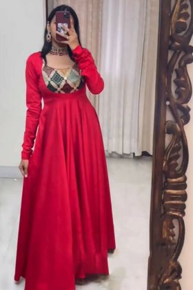Red Satin Silk Hand Mirror Work Anarkali Style Gown
