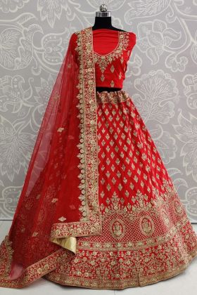 Red Satin Silk Zari Work Wedding Lehenga Choli