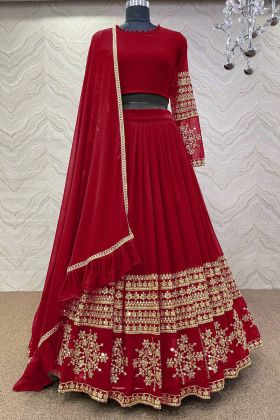 Red Sequence Embroidered Faux Georgette Lehenga Choli