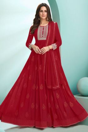 Red Sequence Embroidery Work Long Salwar Suit