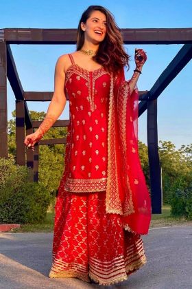 Red Sequence Embroidery Work Palazzo Suit
