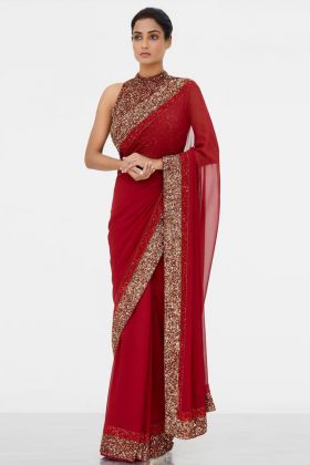 Red Sequence Embroidery Work Saree