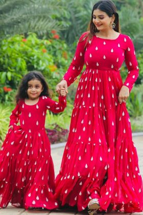 Red Sequence Work Ruffle Gown Mother Daughter Combo
