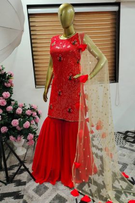 Red Sequence Work Top With Plain Sharara