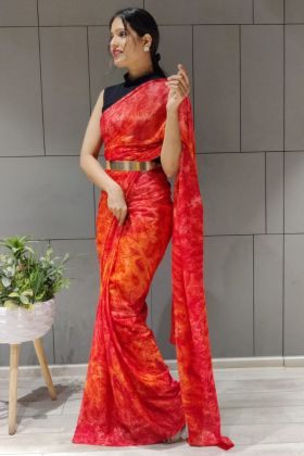 Red Shibori Printed Chinon Silk Readymade Saree