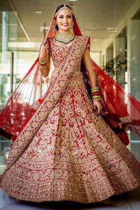 Red Soft Taffeta Silk Diamond Embroidered Wedding Lehenga Choli