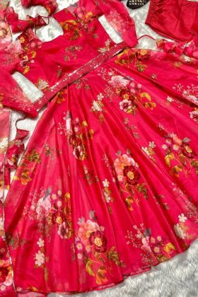 Red Tabby Organza Digital Print Anarkali Gown