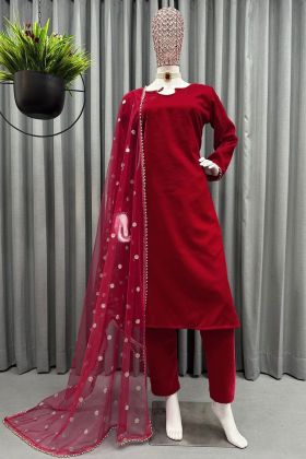 Red Velvet Readymade Straight Salwar Suit