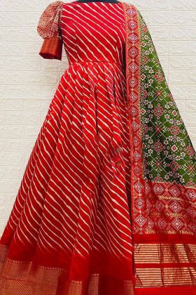 Red Zari Silk Digital Striped Printed Anarkali Style Gown