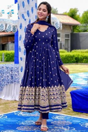 Royal Blue Faux Georgette Embroidery Work Gown