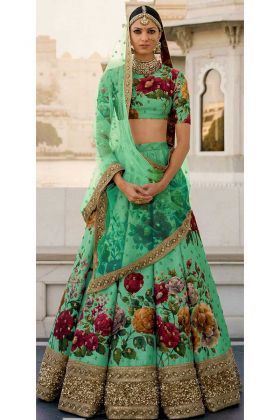 Sabyasachi Mukherjee Green Color Fine Art Silk Bridal Lehenga 