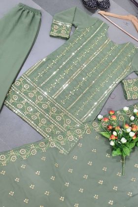 Sage Green Faux Georgette Embroidery Work Salwar Suit