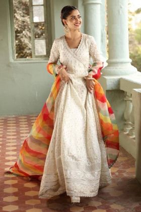 Sajal Aly Style White Gown With Multi Color Printed Dupatta