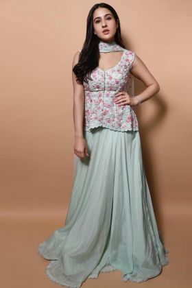 Sara Ali Khan Style Light Mint Embroidery Work Top With Plain Palazzo