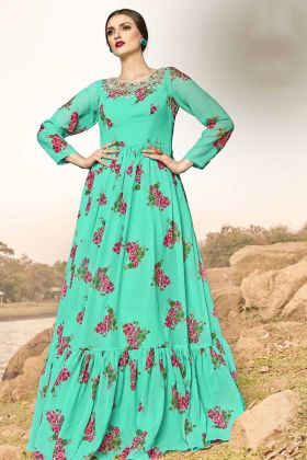 Sea Green Ready Made Floral Printed Gown With Full Sleeve