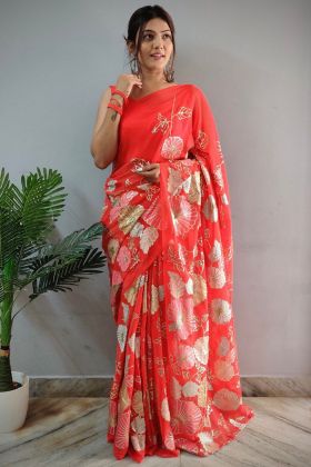 Sequence Work Georgette Red Saree