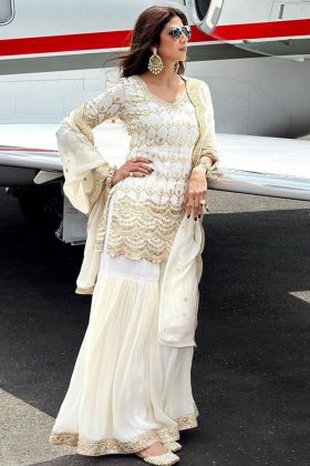 Shilpa Shetty Wear White Sequence Work Sharara Salwar Suit