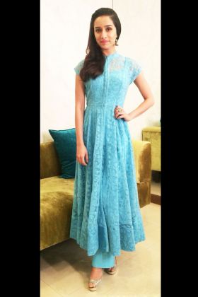 Shraddha Kapoor Style Sky Blue Chain Stitch Work Gown