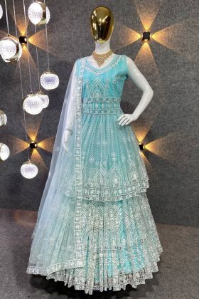 Sky Blue Butterfly Net Lehenga With Tunic Top