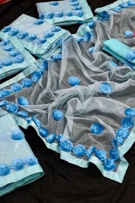 Sky Blue Color Mind Blowing Organza Saree With Heavy Embroidery Work