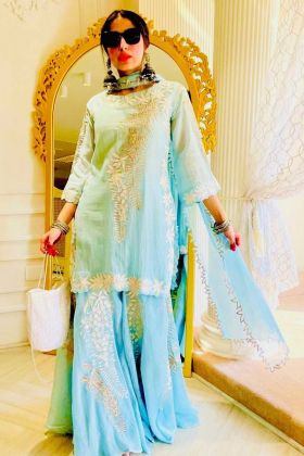 Sky Blue Cut Embroidery Work Sharara Salwar Suit