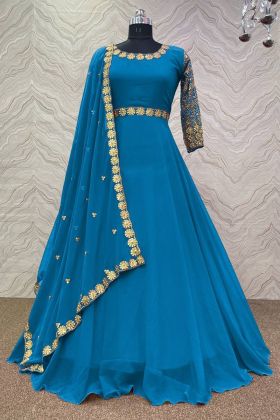 Sky Blue Embroidery Work Anarkali Gown