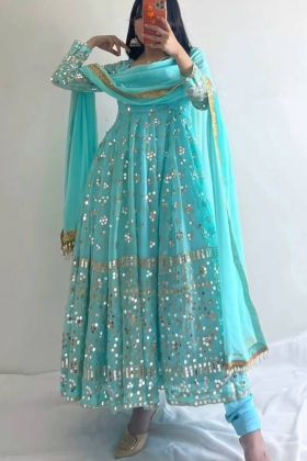 Sky Blue Faux Georgette Embroidery Work Gown