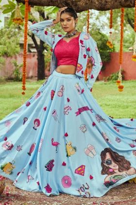 Sky Blue Maslin Cotton Digital Printed Navratri Wear Girls Special Lehenga Choli
