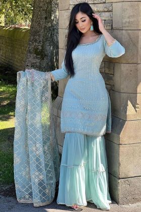 Sky Blue Sequence Embroidery Work Readymade Top With Sharara