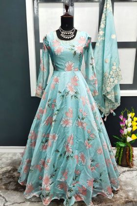 Sky Blue Soft Tabby Organza Silk Digital Printed Anarkali Gown