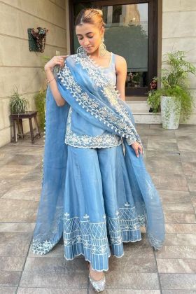 Sky Blue Thread Embroidery Work Palazzo Suit