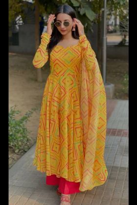 Soft Butter Silk Digital Printed Yellow Anarkali Gown
