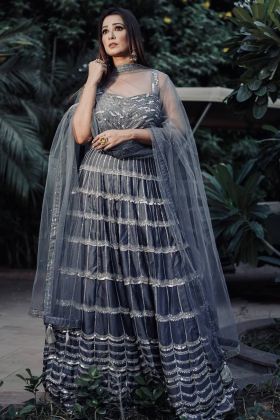 Steel Grey Sequence Work Anarkali Gown