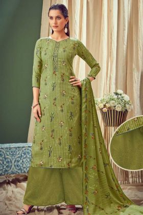 Stunning Light Green Pure Wool Pashmina Designer Suit