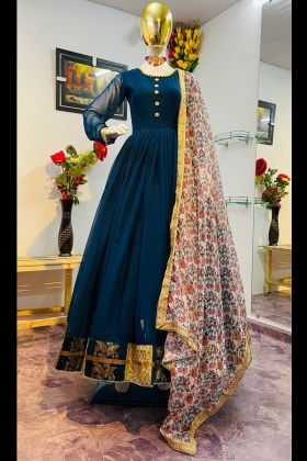 Teal Blue Anarkali Gown With Printed Dupatta