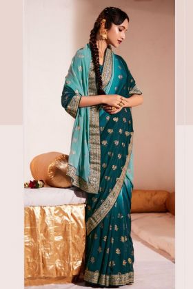 Teal Blue Georgette Saree With Weaving Border