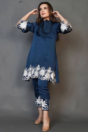 Teal Blue Heavy Satin Chain Stitch Work Straight Salwar Suit