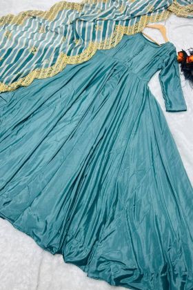 Teal Blue Plain Anarkali Gown With Digital Printed Dupatta