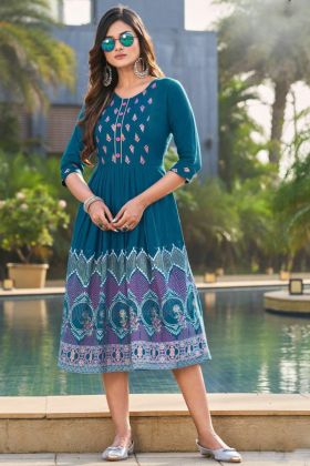 Teal Blue Printed Anarkali Style Kurti With Fancy Buttons