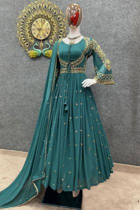 Teal Blue Sequence Embroidery Work Long Gown