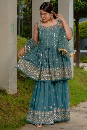 Teal Blue Sequence Work Tunic Top With Sharara