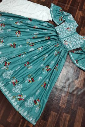 Teal Flower Printed Anarkali Salwar Suit