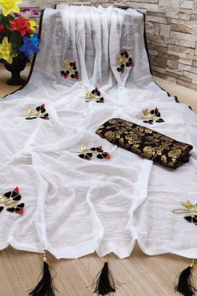 Traditional Linen Black Color Saree With Banglori Work