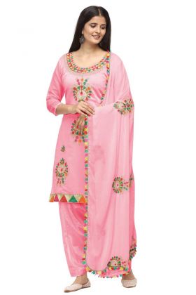 Traditional Woman's Wear Pink Chanderi Cotton Patiyala Salwar Suit
