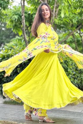Tv Actress Hina Khan Style Lime Green Embroidery Work Gown