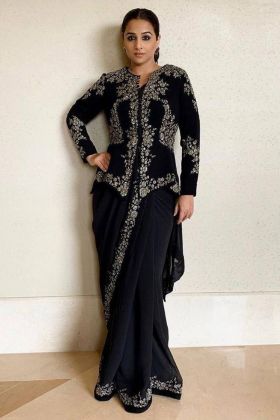 Vidhya Balan Style Black Saree With Tunic Top