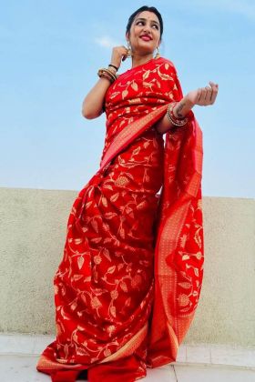 Wedding Special Dark Red Soft Lichi Silk Zari Weaving Work Saree